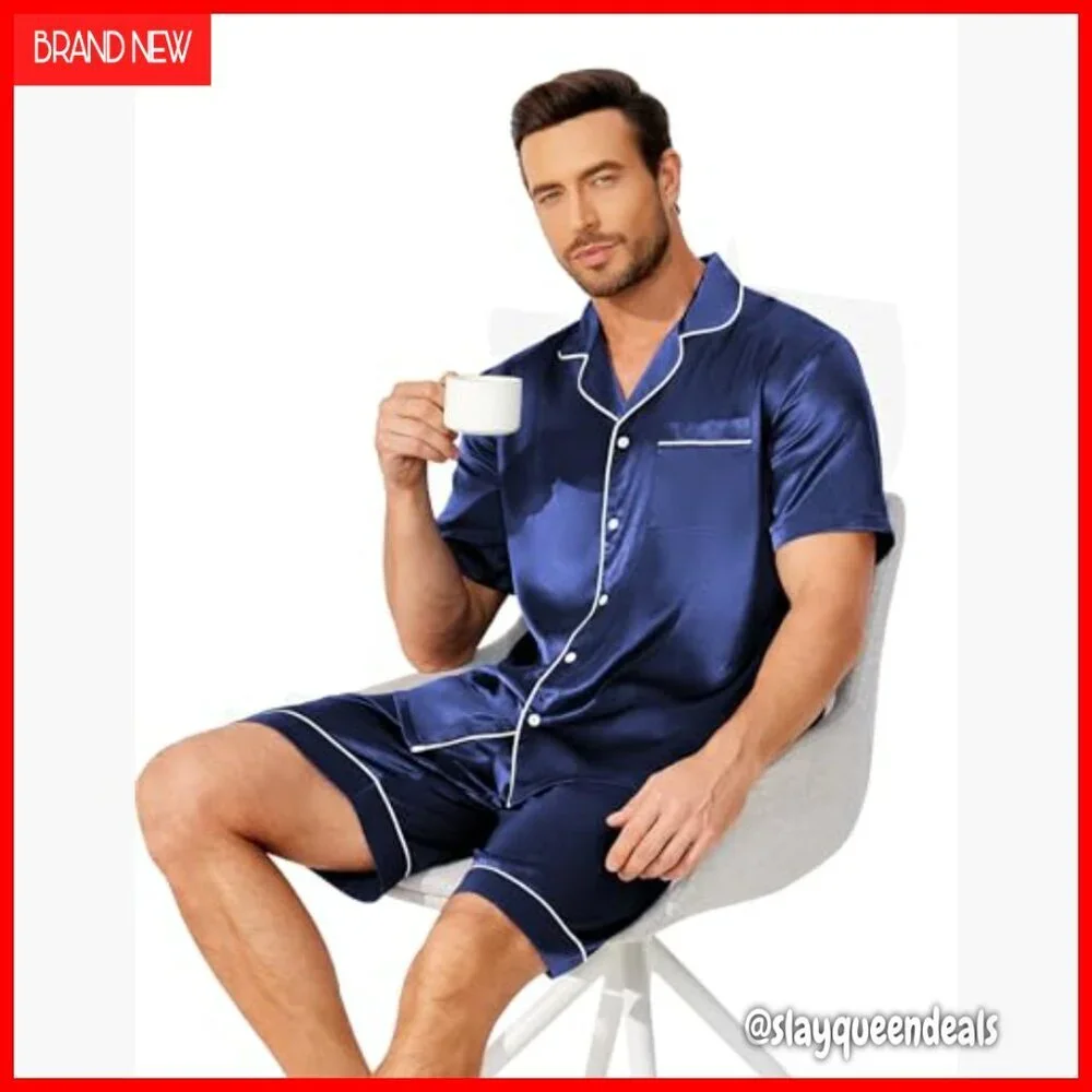 Men's Silk Satin Pajama Set Short Sleeve Button Down with Pockets